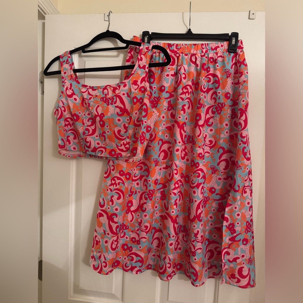 SHEIN Pink Multi Floral Print Crop Top and Midi Skirt Set